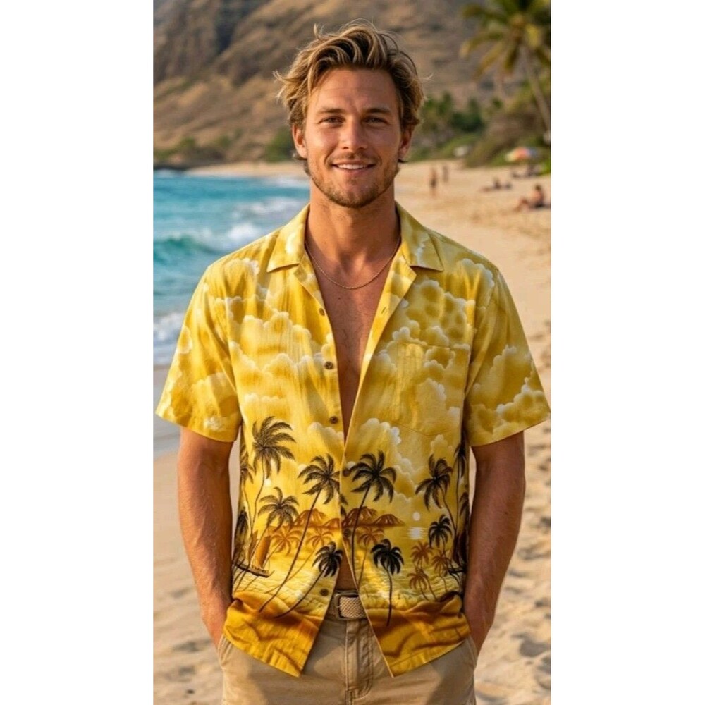Rima Hawaiian Shirt Size Large Yellow Button Pocket Hawaiian Island Scenery